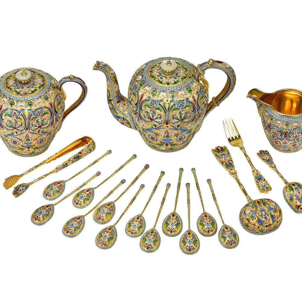 Russian SilverGilt & Enamel Tea Set Ruzhnikov Art