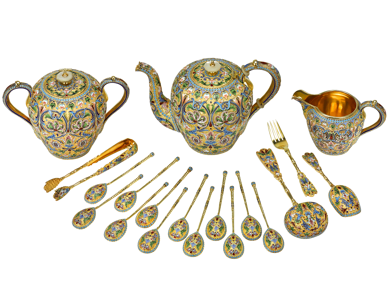 Russian SilverGilt & Enamel Tea Set Ruzhnikov Art