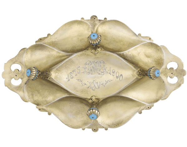 Russian Silver Gilt and Enamel dish with blue accents.