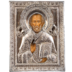 Icon of St Nicholas the miracle worker of Myra encased in silver oklad.