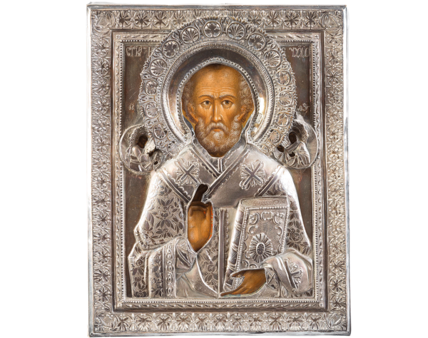 Icon of St Nicholas the miracle worker of Myra encased in silver oklad.