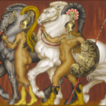 Russian painting of two naked women and two horses.