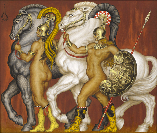Russian painting of two naked women and two horses.