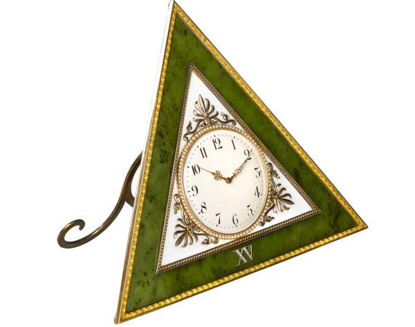 Image of a Russian gold, nephrite and enamel desk clock.