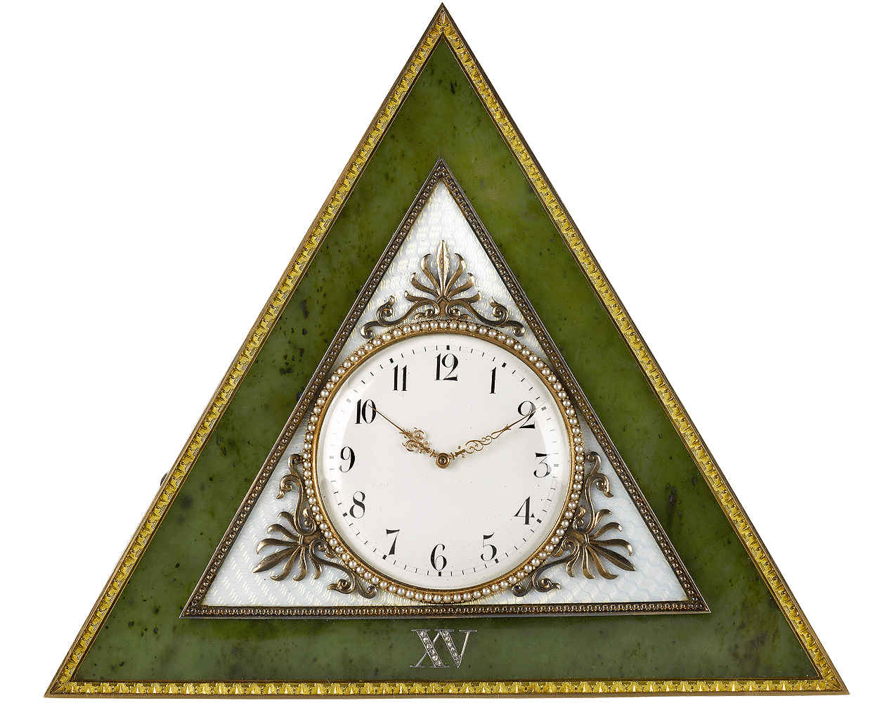 Russian gold, nephrite and enamel desk clock.