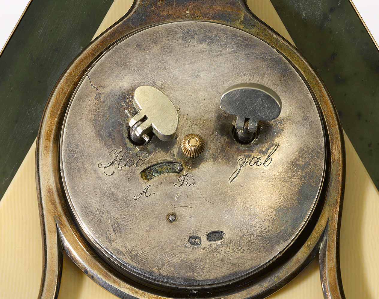 The back of a Russian Gold, Nephrite and Enamel Desk Clock.
