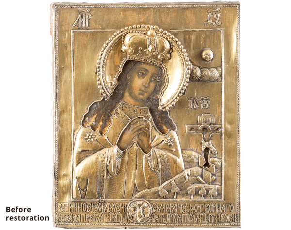 18th century icon of the Akhtyrskaya Mother of God before restoration.