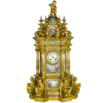 rench Ormolu Mantle Clock Inset with Porcelain Miniatures