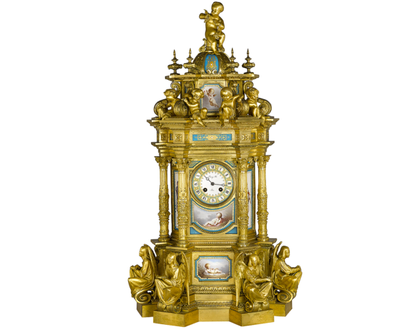 rench Ormolu Mantle Clock Inset with Porcelain Miniatures
