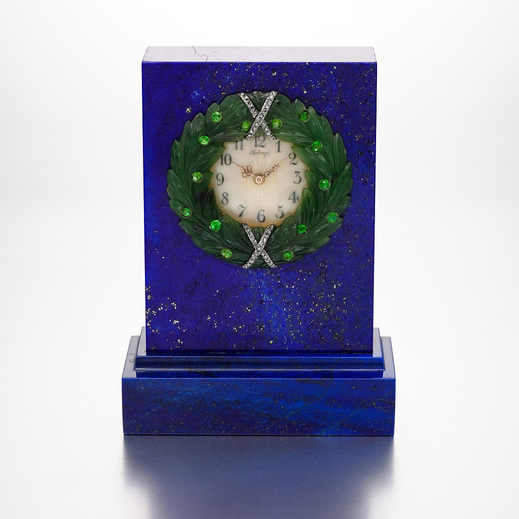 Fabergé Jewelled, Gold-Mounted, Lapis Lazuli, Nephrite and Guilloché Enamel Clock